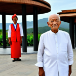 A respected elderly Kanak leader, fully clothed in modest, traditional attire, standing next to a professional woman of European descent, dressed in appropriate business casual clothing. They are positioned in front of the striking, modern architecture of the Tjibaou Cultural Centre, designed by Renzo Piano, which subtly incorporates traditional Kanak design elements. The background features lush tropical foliage and clear blue skies, representing New Caledonia's natural beauty. The image should convey cultural harmony and dialogue, respecting historical context while looking towards a shared future. perfect anatomy, correct proportions, natural pose, well-formed hands, proper finger count, natural body proportions, safe for work, appropriate content, fully clothed, professional, high-resolution, professional photography, cinematic lighting.