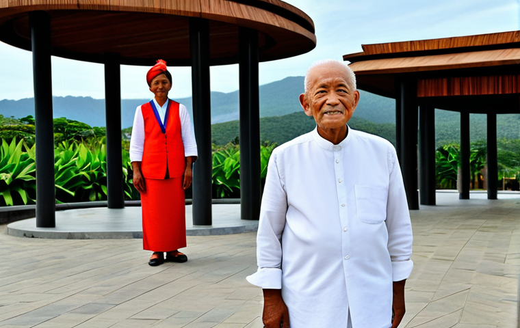 A respected elderly Kanak leader, fully clothed in modest, traditional attire, standing next to a professional woman of European descent, dressed in appropriate business casual clothing. They are positioned in front of the striking, modern architecture of the Tjibaou Cultural Centre, designed by Renzo Piano, which subtly incorporates traditional Kanak design elements. The background features lush tropical foliage and clear blue skies, representing New Caledonia's natural beauty. The image should convey cultural harmony and dialogue, respecting historical context while looking towards a shared future. perfect anatomy, correct proportions, natural pose, well-formed hands, proper finger count, natural body proportions, safe for work, appropriate content, fully clothed, professional, high-resolution, professional photography, cinematic lighting.