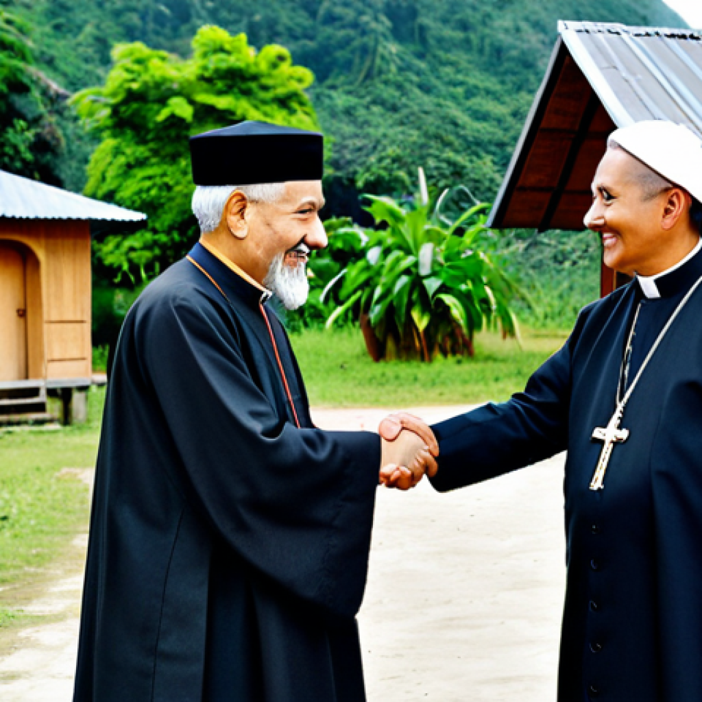 A dignified Kanak elder in traditional, modest attire, shaking hands respectfully with a Catholic priest in a modest, professional cassock. They are standing near a traditional Kanak meeting hut, with a small, simple church steeple visible in the background, symbolizing cultural syncretism and harmonious coexistence. The scene emphasizes mutual respect and interfaith dialogue. Perfect anatomy, correct proportions, natural pose, well-formed hands, proper finger count, natural body proportions. Professional photography, high detail, vibrant natural lighting. safe for work, appropriate content, fully clothed, modest clothing, family-friendly.