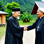 A dignified Kanak elder in traditional, modest attire, shaking hands respectfully with a Catholic priest in a modest, professional cassock. They are standing near a traditional Kanak meeting hut, with a small, simple church steeple visible in the background, symbolizing cultural syncretism and harmonious coexistence. The scene emphasizes mutual respect and interfaith dialogue. Perfect anatomy, correct proportions, natural pose, well-formed hands, proper finger count, natural body proportions. Professional photography, high detail, vibrant natural lighting. safe for work, appropriate content, fully clothed, modest clothing, family-friendly.