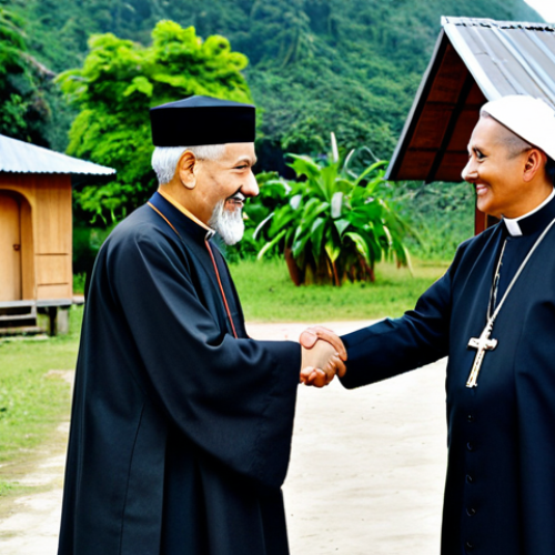 A dignified Kanak elder in traditional, modest attire, shaking hands respectfully with a Catholic priest in a modest, professional cassock. They are standing near a traditional Kanak meeting hut, with a small, simple church steeple visible in the background, symbolizing cultural syncretism and harmonious coexistence. The scene emphasizes mutual respect and interfaith dialogue. Perfect anatomy, correct proportions, natural pose, well-formed hands, proper finger count, natural body proportions. Professional photography, high detail, vibrant natural lighting. safe for work, appropriate content, fully clothed, modest clothing, family-friendly.