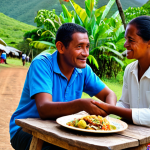 A Kanak family sharing a traditional "bougna" meal with a respectful visitor in a humble, open-air setting within a rural village in New Caledonia. All individuals are fully clothed in modest, appropriate attire, reflecting cultural respect. The atmosphere is warm and inviting, capturing a sense of genuine community and shared hospitality under natural light. safe for work, appropriate content, fully clothed, family-friendly, perfect anatomy, correct proportions, natural pose, well-formed hands, proper finger count, natural body proportions, professional photography, high quality.