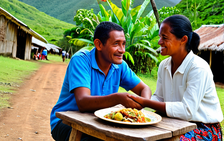 A Kanak family sharing a traditional "bougna" meal with a respectful visitor in a humble, open-air setting within a rural village in New Caledonia. All individuals are fully clothed in modest, appropriate attire, reflecting cultural respect. The atmosphere is warm and inviting, capturing a sense of genuine community and shared hospitality under natural light. safe for work, appropriate content, fully clothed, family-friendly, perfect anatomy, correct proportions, natural pose, well-formed hands, proper finger count, natural body proportions, professional photography, high quality.